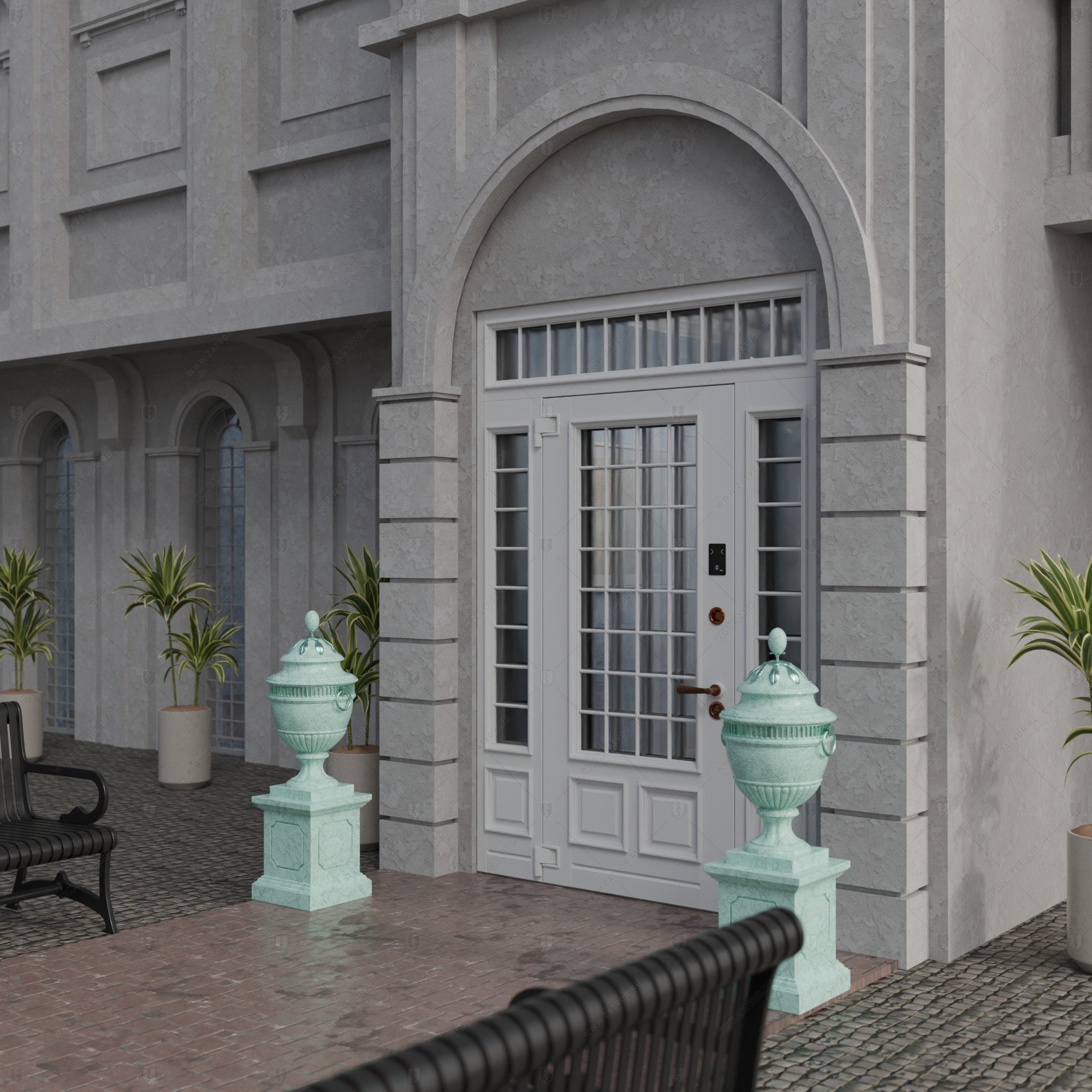 Входная группа в коттедж со стёклами и решётками "Камена" БАСТИОН-3_4