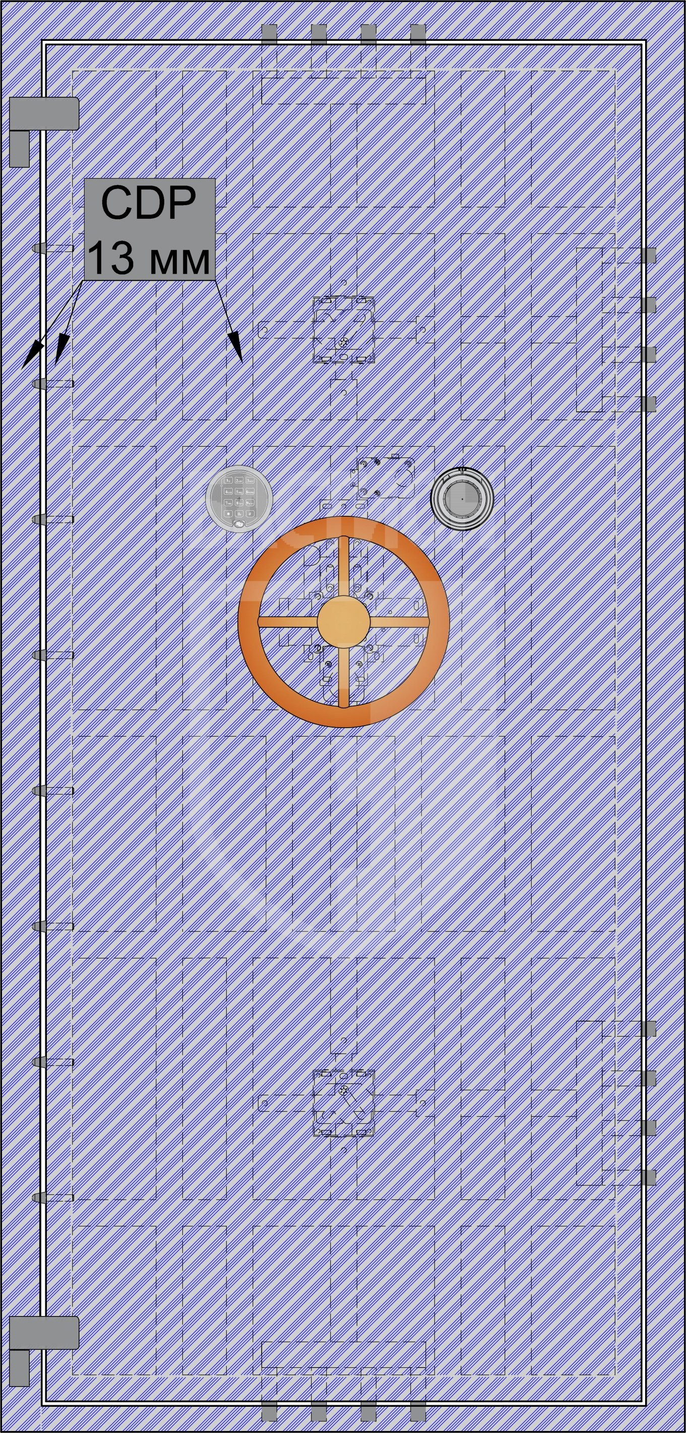Защита створки и рамы  сейфовых дверей из листов CDP толщиной 13 мм