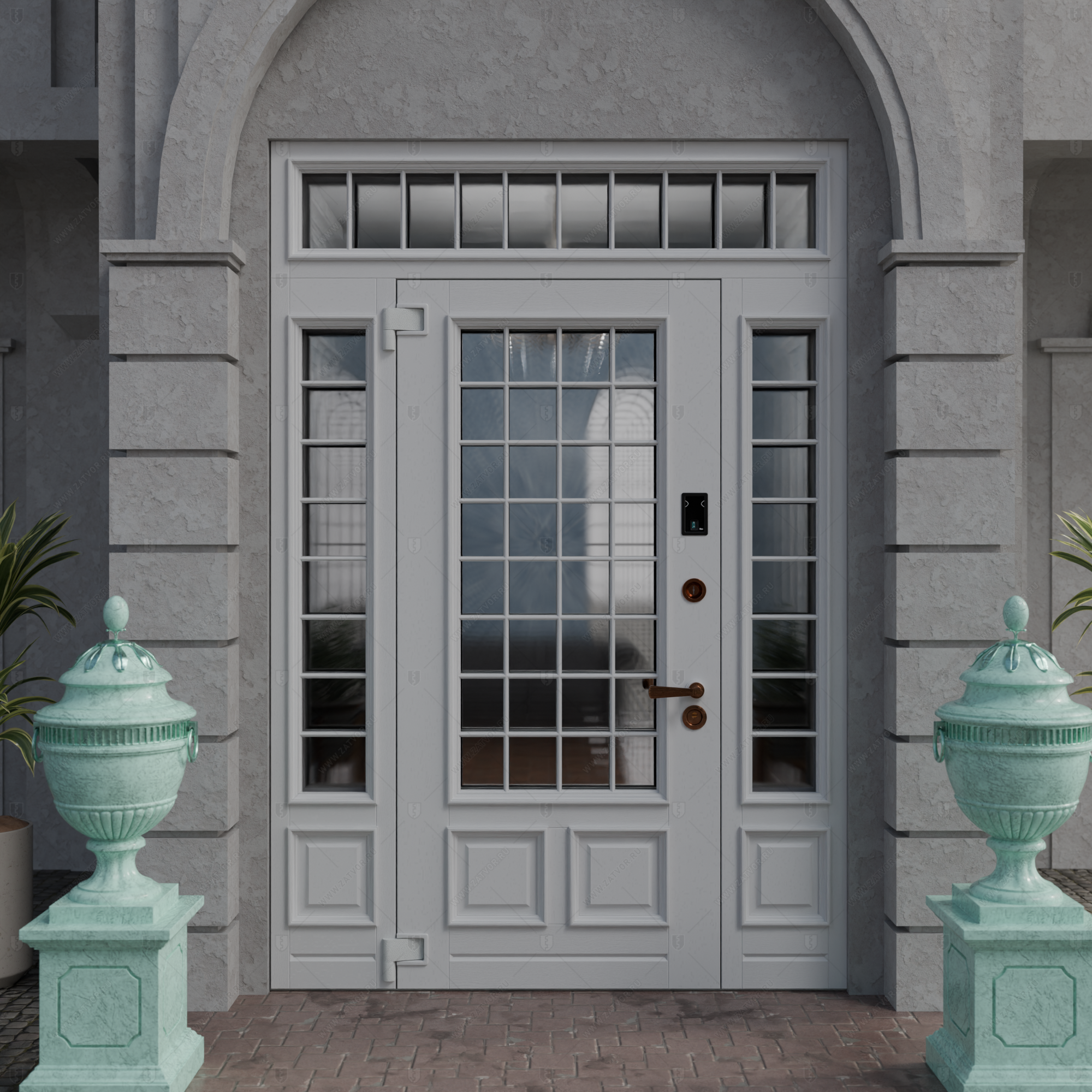 Входная группа в коттедж со стёклами и решётками "Камена" БАСТИОН-3